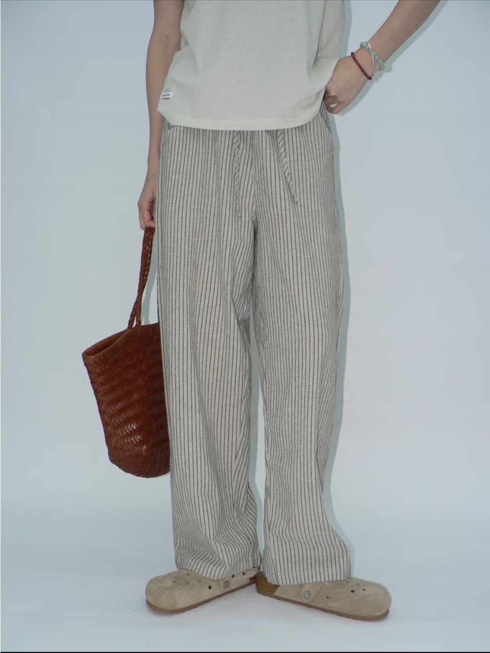 Striped Linen-Blend Wide Leg Pants in Beige